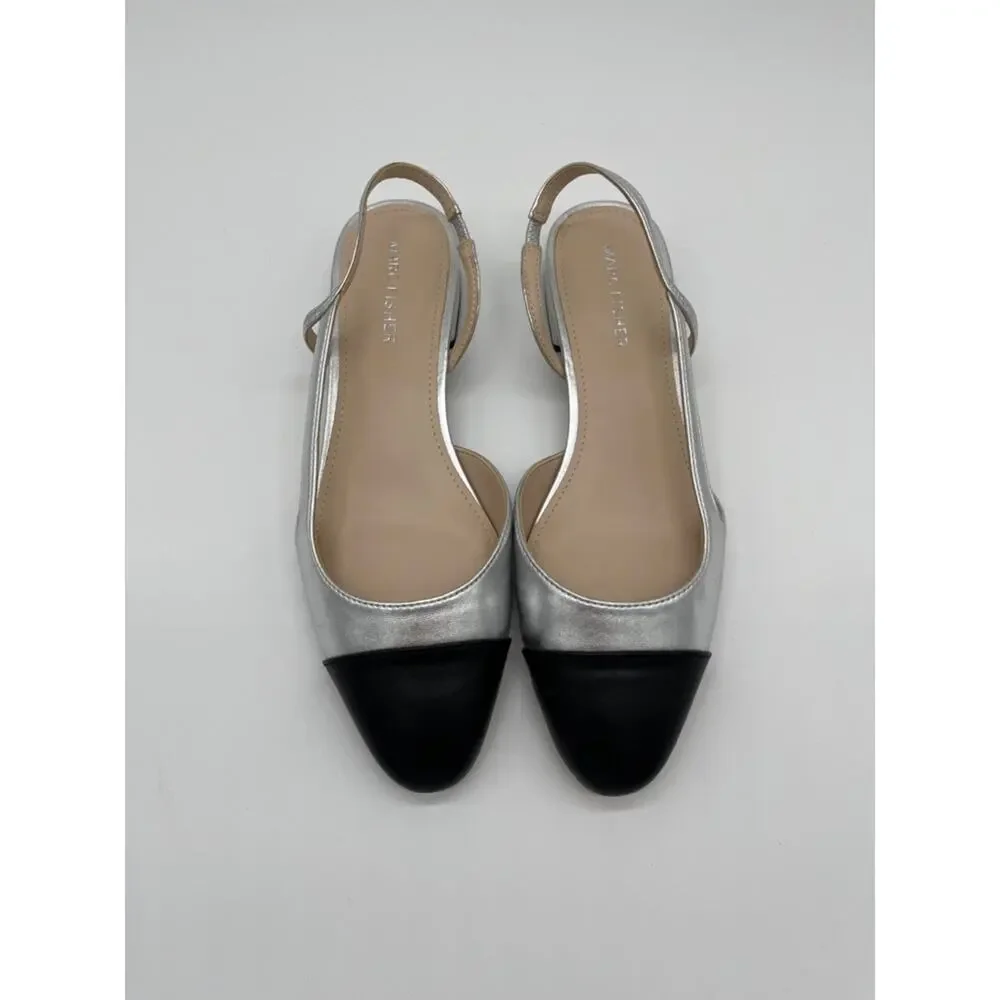 Marc Fisher Dela Slingback Flats Cap Toe Metallic Silver Black - Size 7M